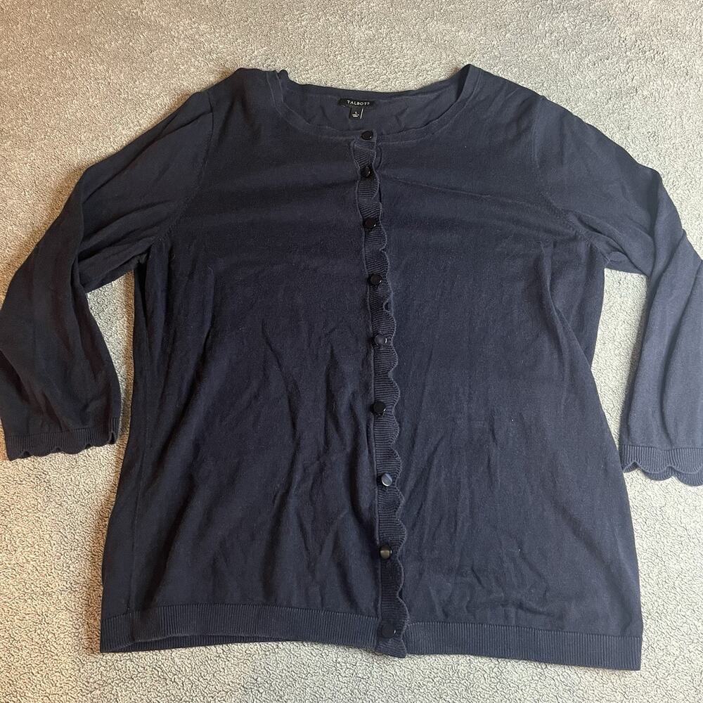 Talbots Navy Blue Scallop Trim Charming Cardigan Button Front Sweater L B411